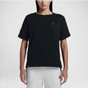 Nike Tech Women’s Large Fleece Short Sleeve Sweatshirt Black Activewear NEW
